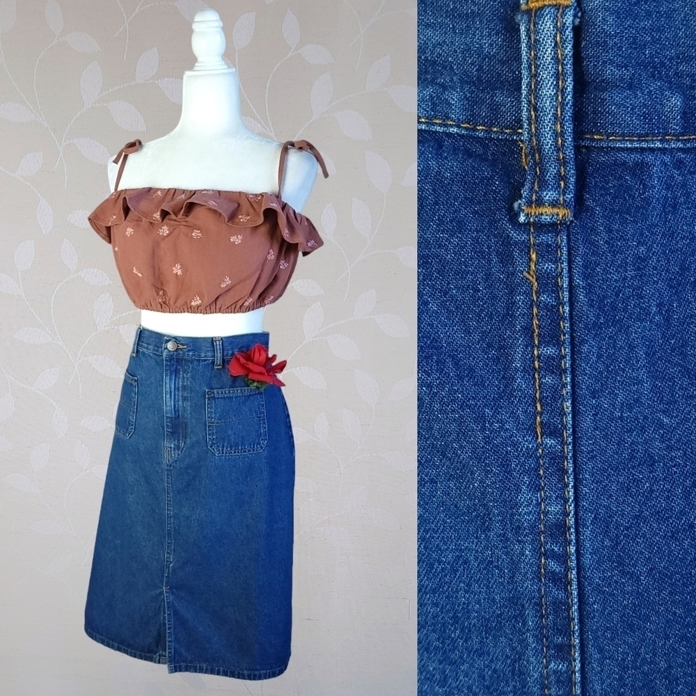 Vintage 90s Bill Blass Denim Skirt – Medium Wash Y2K Pocket Jean Skirt